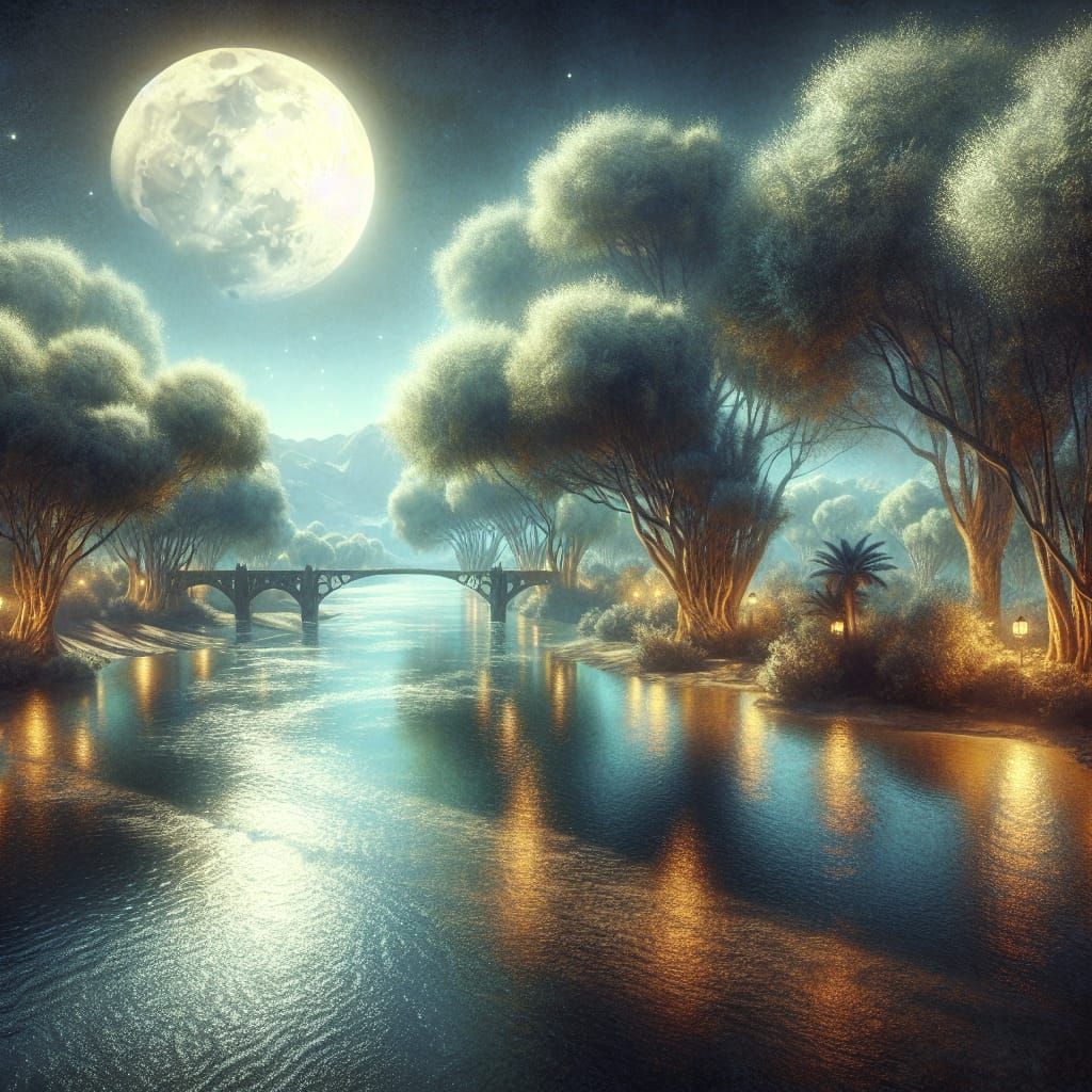 A Tranquil Nighttime Scene of the Moon River, Wider Than a M...