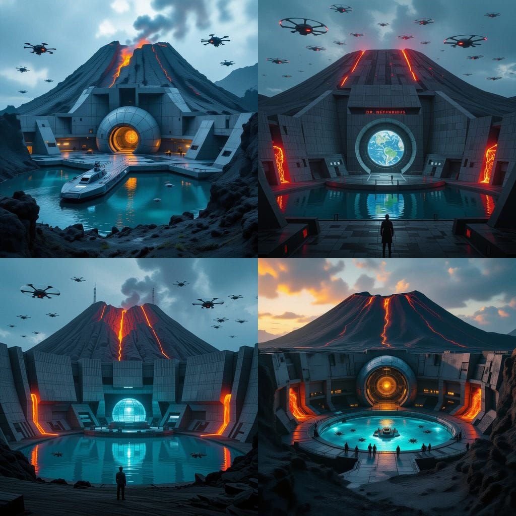 Brutalist Volcano Lair with Holographic Lake