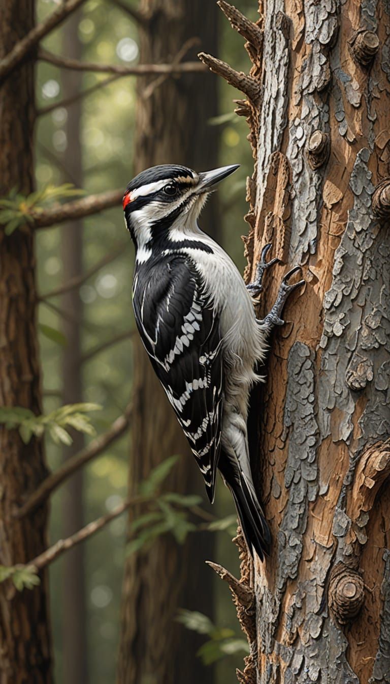 Hairy Woodpecker Realistic Illustration in Forest