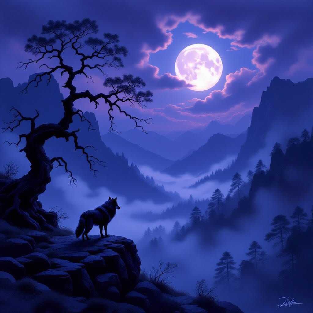 Lone Wolf in Misty Valley Under Dramatic Moonlight