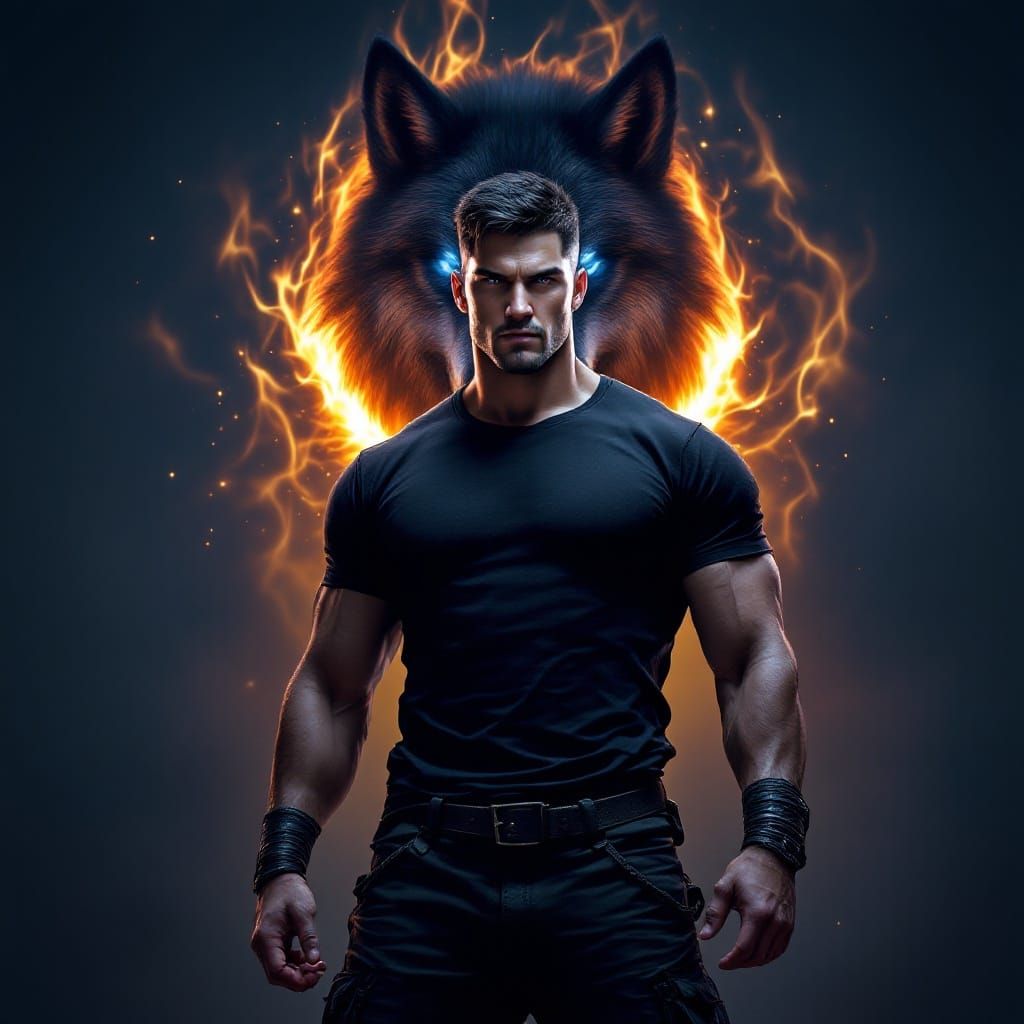 Fierce Warrior with Fiery Wolf: Fantasy Concept Art