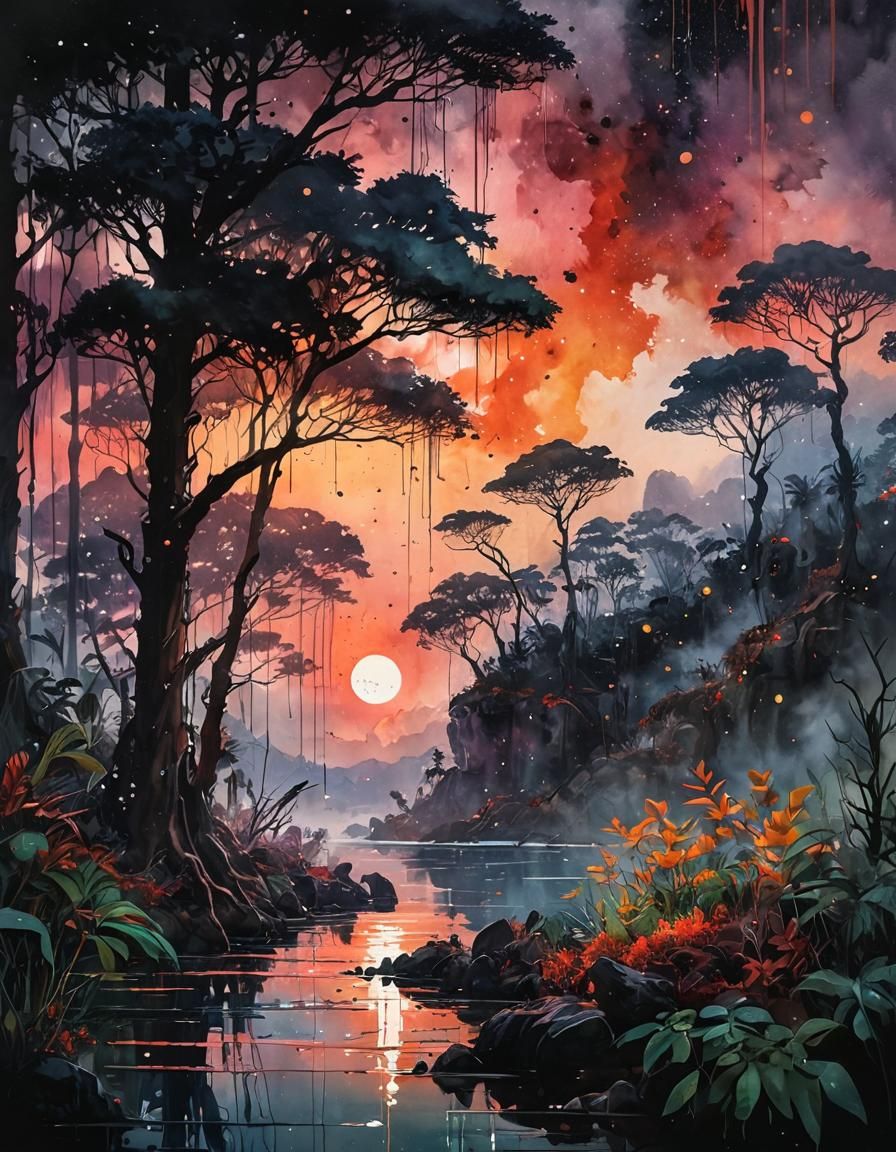 Rainforest Landscape with Sunset and Blood Moon