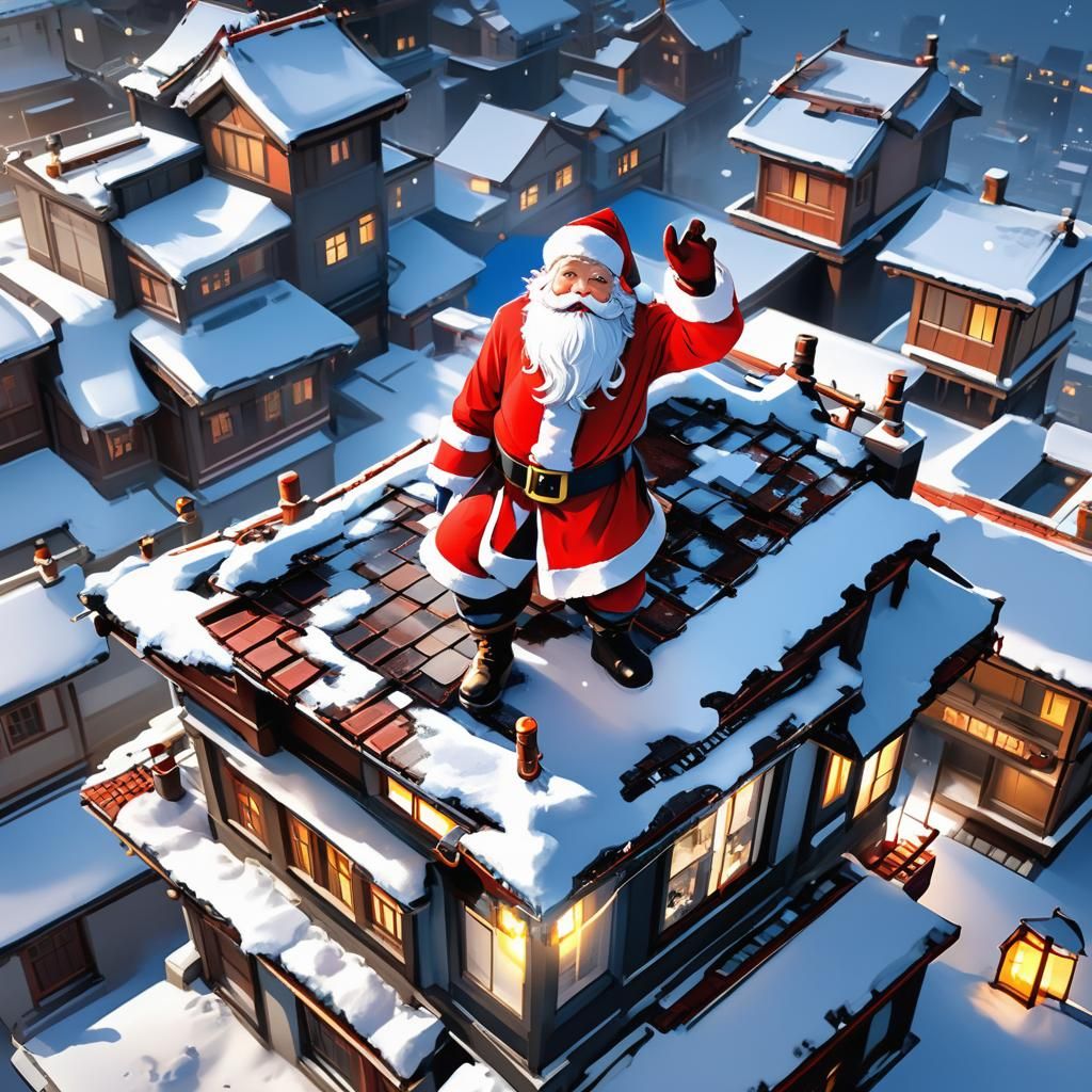 Santa on Rooftop: Detailed 3D Anime Art
