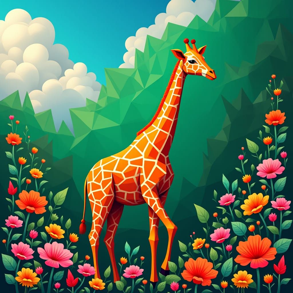 Geometric Giraffe in Vibrant Cubist Garden