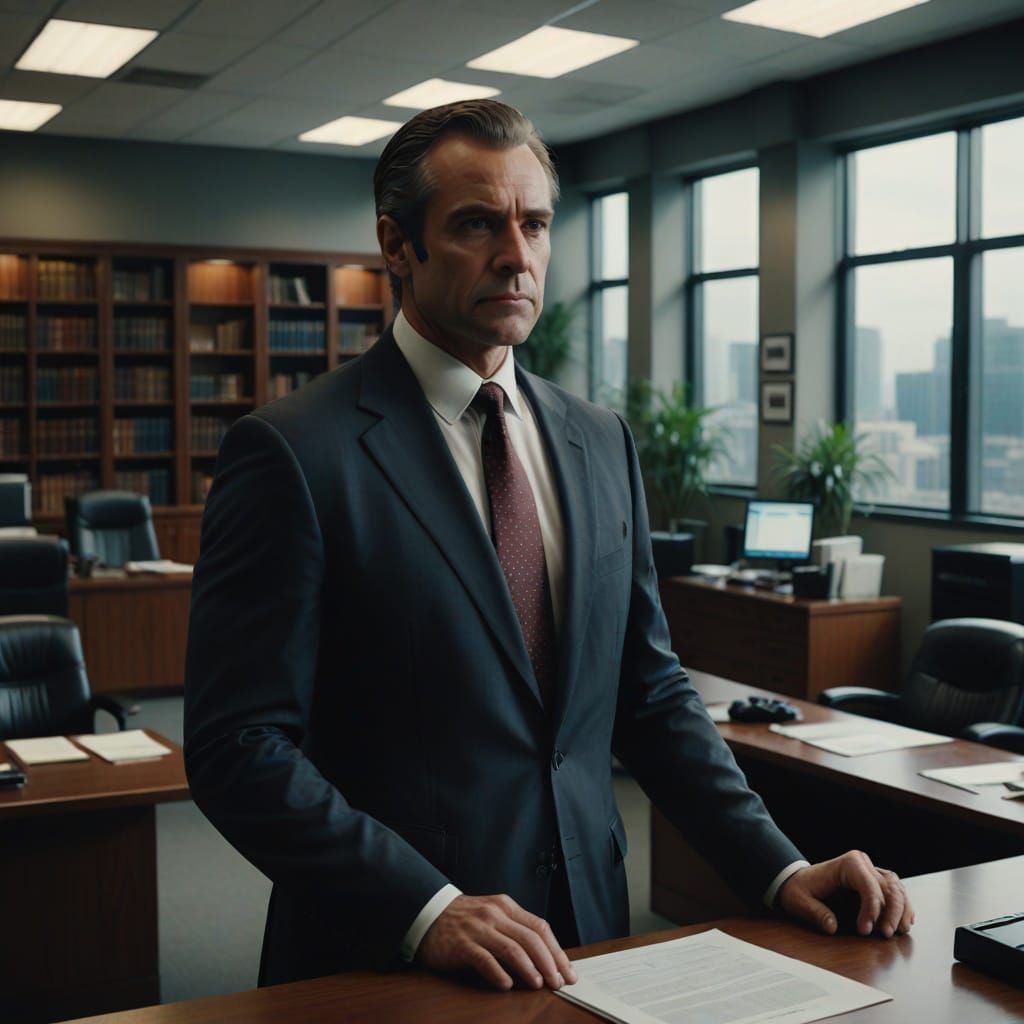 Professional Attorney Poses in Office: Cinematic Film Still