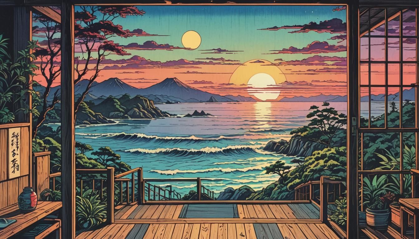 Beach House, Meiji Era Japan, Woodblock Print