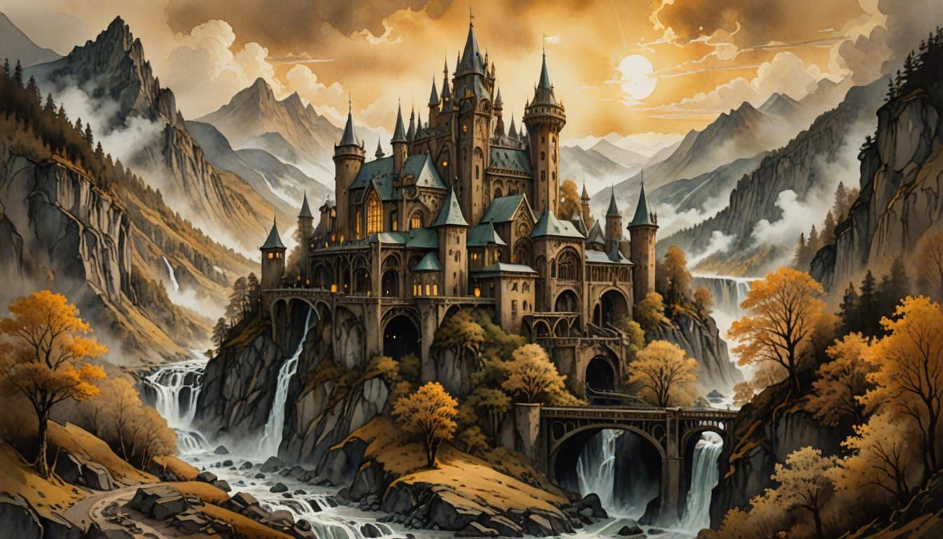 Watercolor Rivendell with Vintage Ink Stains