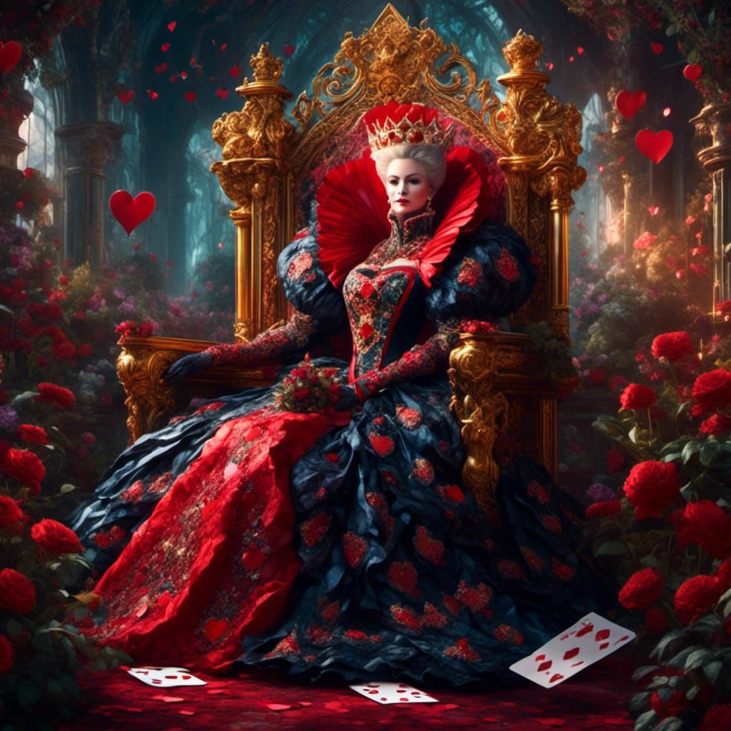 Queen of Hearts on Card Throne: Fantasy Oil Painting