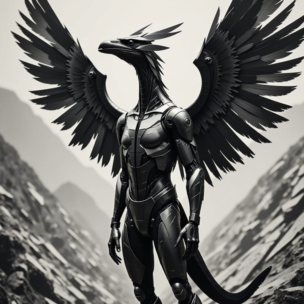 Mechanical Winged Drake in Black and White