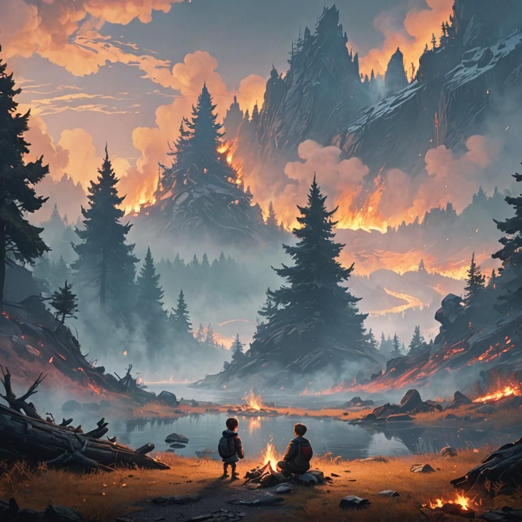 Child by Campfire in Dark Forest: Matte Painting