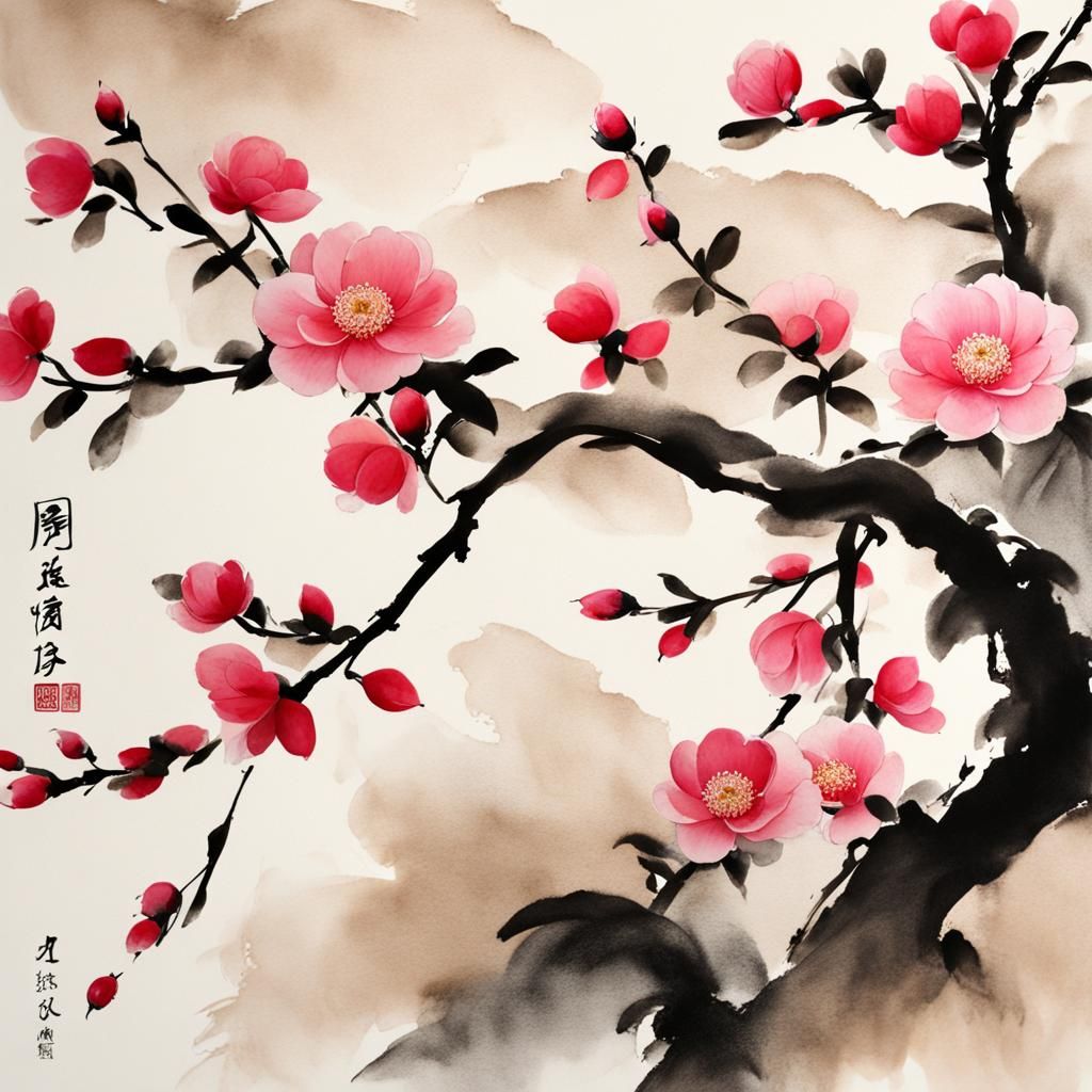 Camellia in Muted Chinese Ink Painting Style