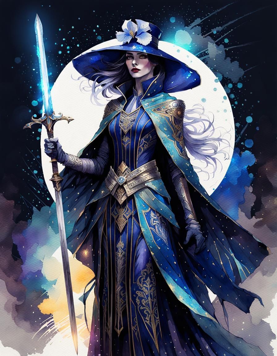 Art Deco Iris Swordsman in Dark Fantasy Style
