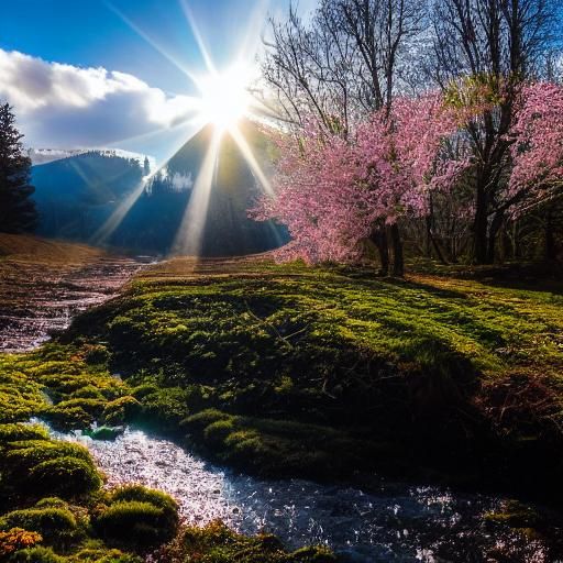Spring Valley with Flowers in Sunlight