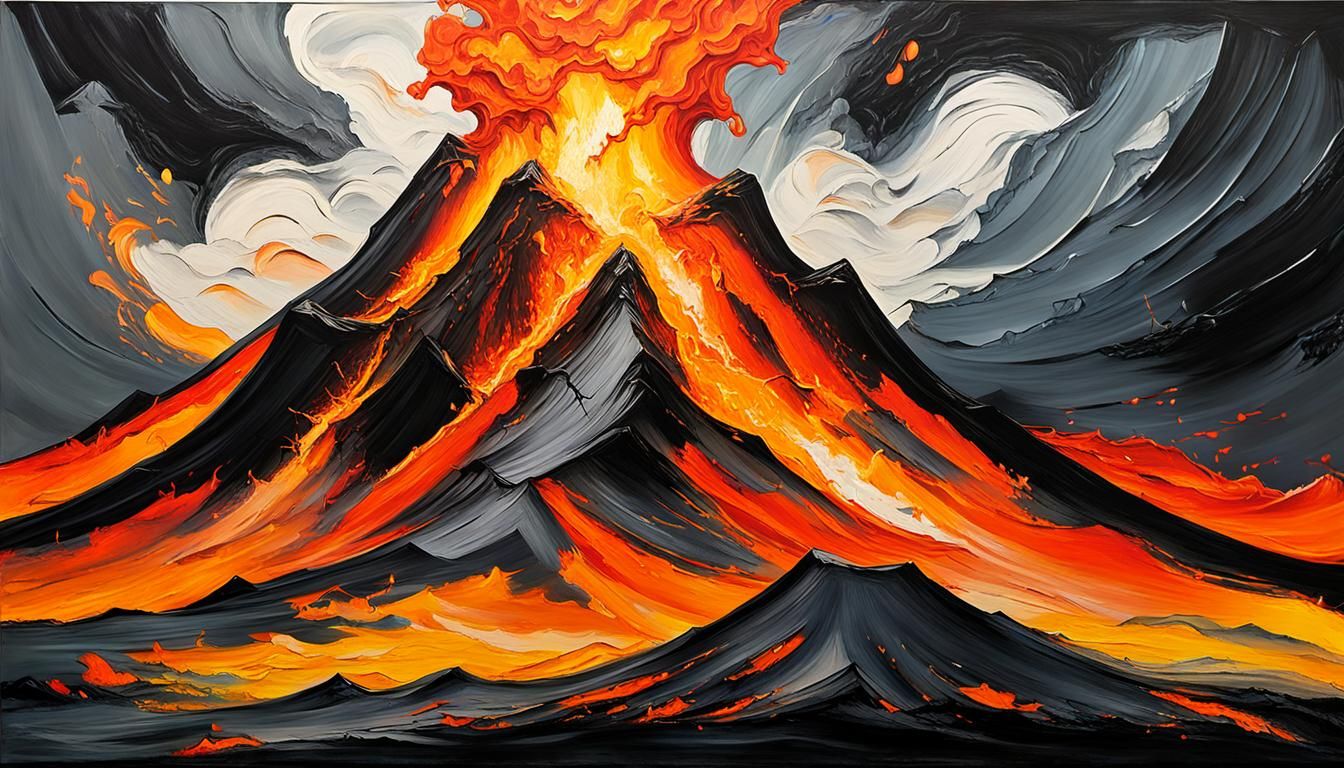 Abstract Expressionist Volcanic Eruption in Fiery Oranges an...