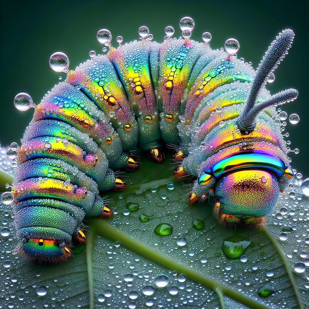 Rainbow Metallic Caterpillar on Dewy Leaf