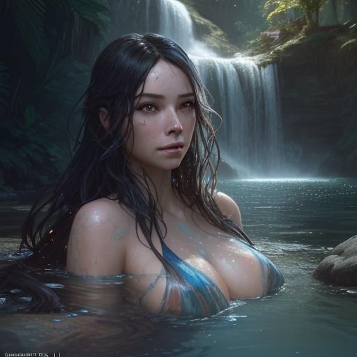 Luminous Woman in Waterfall, Hyperdetailed Art Nouveau Portr...