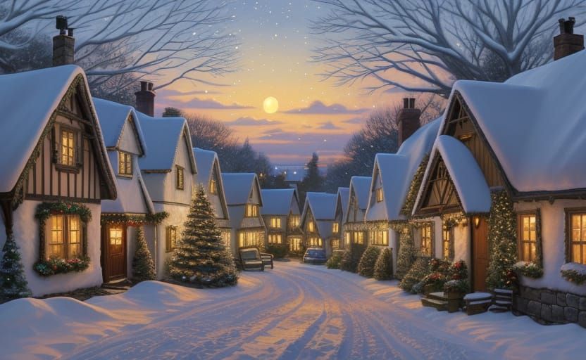 Cozy Christmas Village at Dusk in Realistic Painting Style
