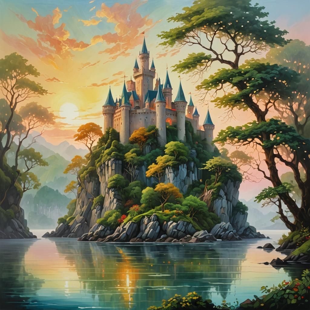 Dreamlike Castle Meditation in Surreal Landscape