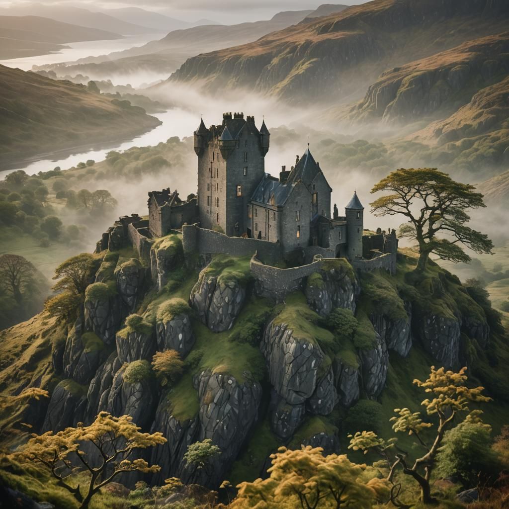 Misty Scottish Castle in Glen: Impressionist Landscape