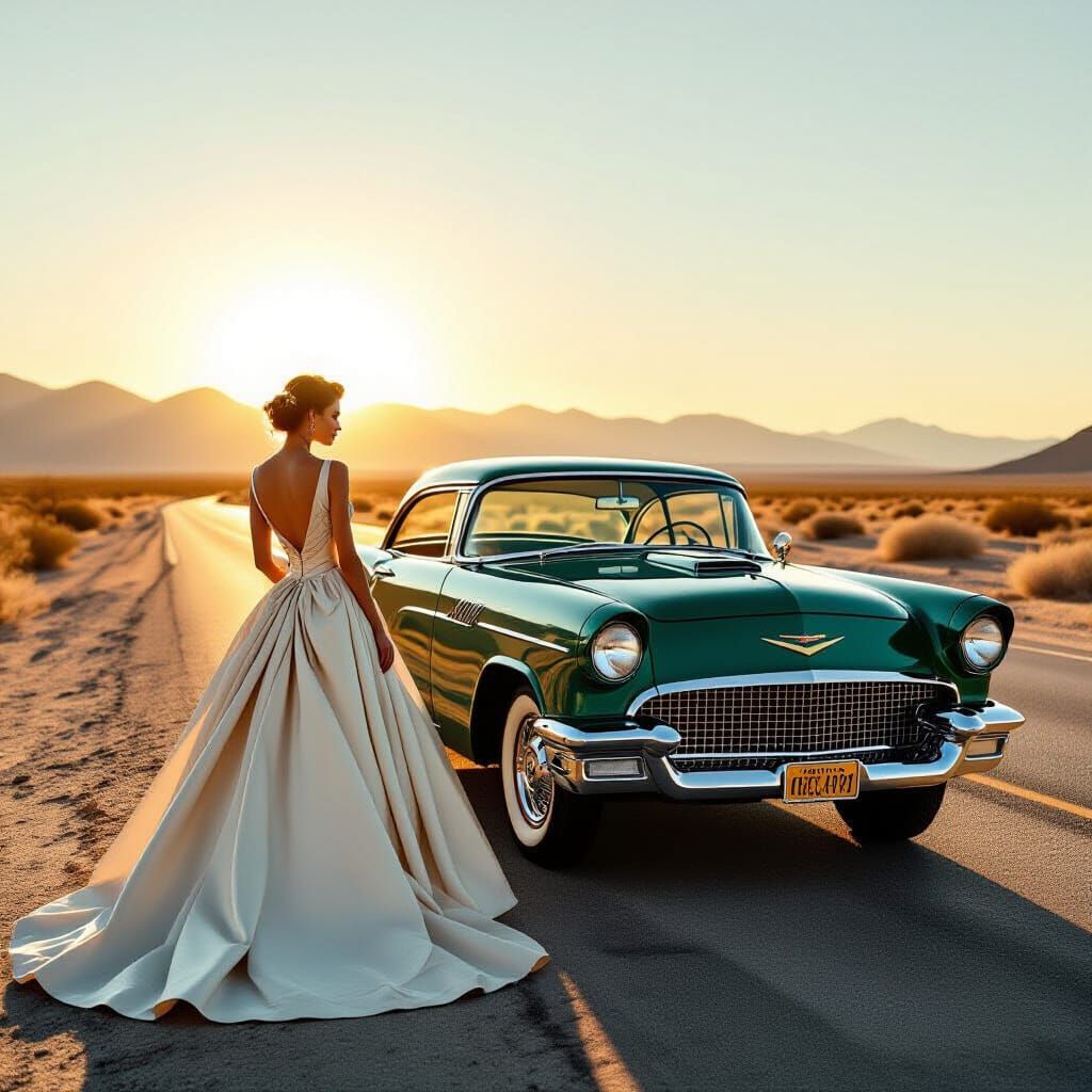 Fashion Model and Vintage Car on Desert Highway at Sunset