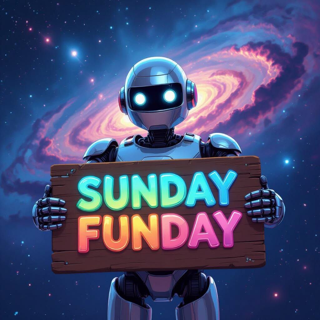 Robot Holding 'Sunday Funday' Sign Amidst Cosmic Nebula