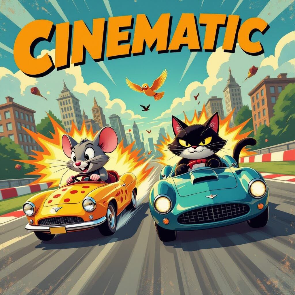 Mouse and Cat Race in Retro Technicolor Poster Style
