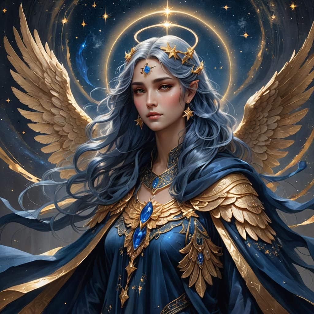 Anime Angel with Blue Wings and Golden Aura