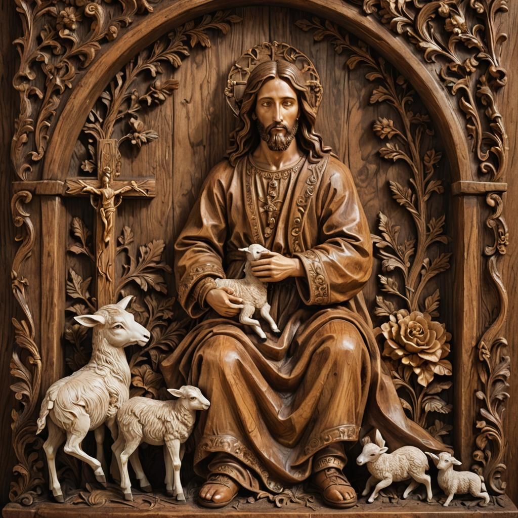 Jesus and Lamb: Baroque Wood Carving Sculpture
