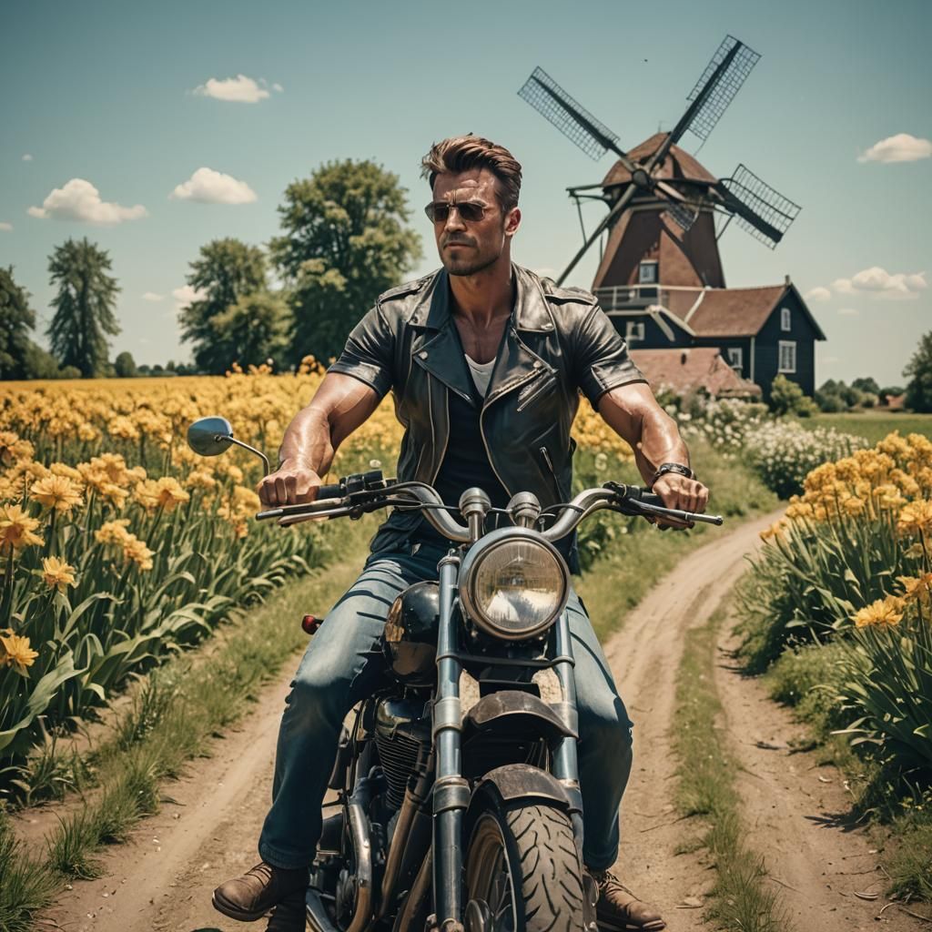 Muscular Man on Motorbike with Dutch Windmill