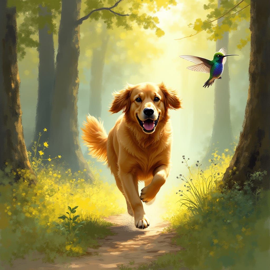 Golden Retriever Running in Whimsical Forest with Hummingbir...