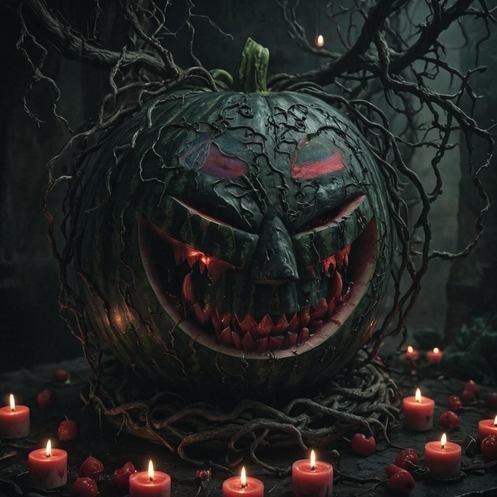 Horror Watermelon Carving in Engraving Style