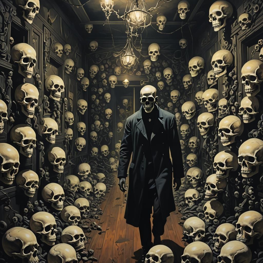 Dark Surreal Room Filled with Skulls