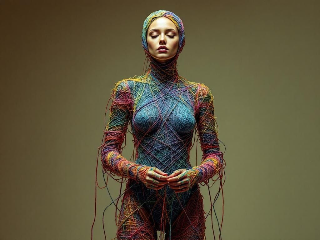 Geometric Knitted Woman in Dramatic Golden Light