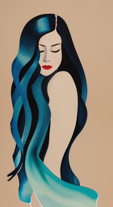 Watercolor Portrait of a Woman with Long Dark Hair