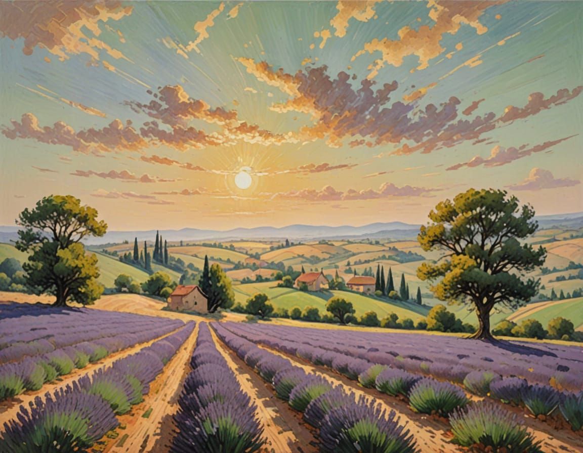 Impressionistic Provence Landscape in Golden Hour