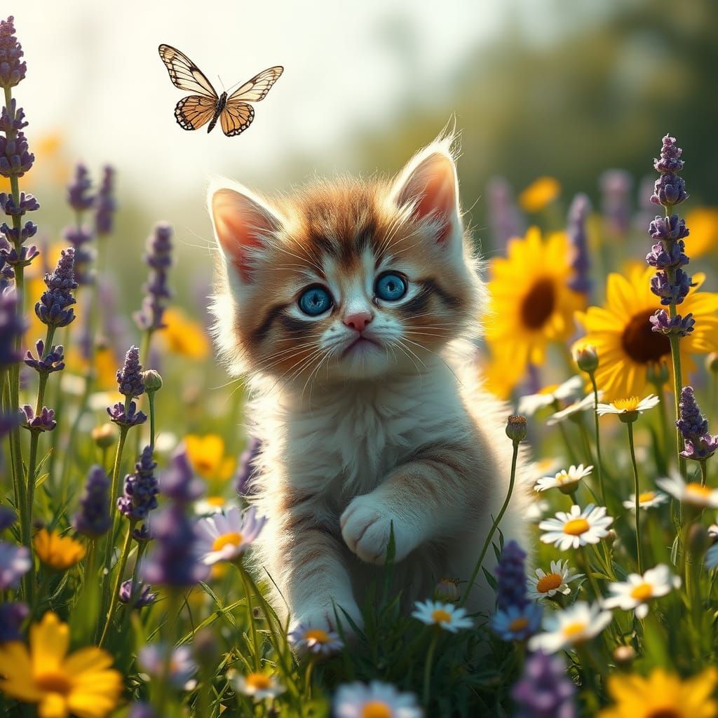Kitten and Butterfly in Hyperrealistic Flower Field
