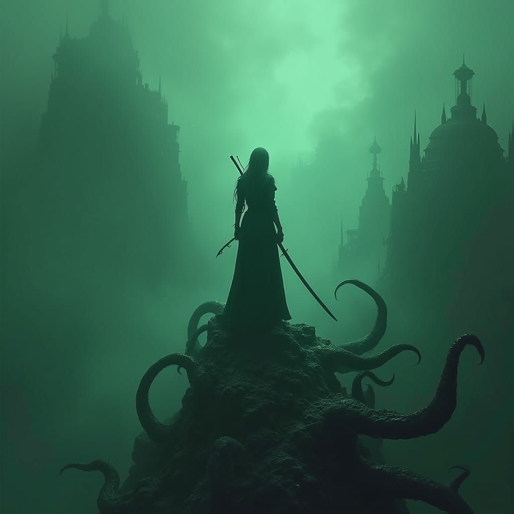 Stealthy Ninja Goddess Surrounded by Cthulhu Minions in Eeri...