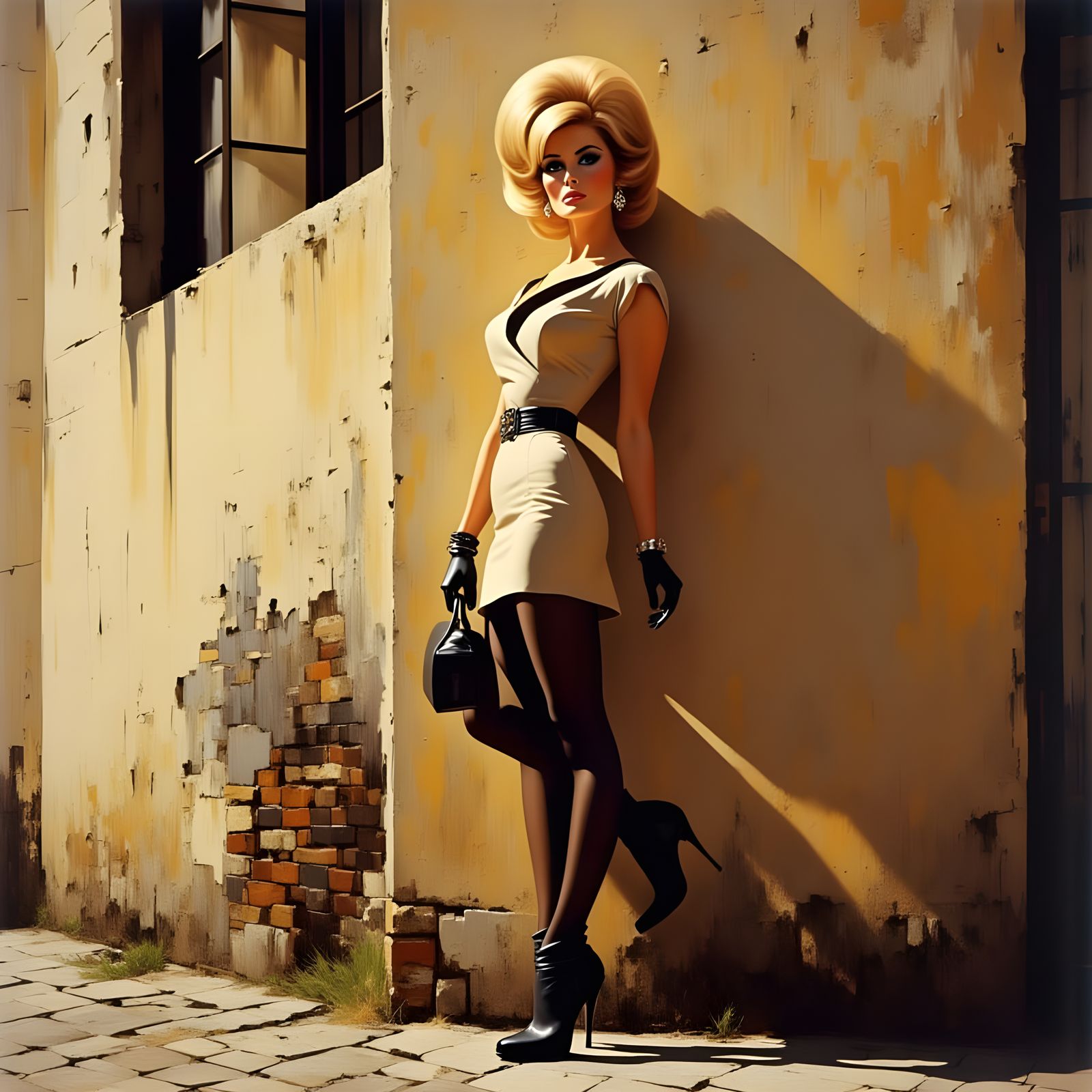 Blonde Woman in Beige Dress and Thigh High Boots