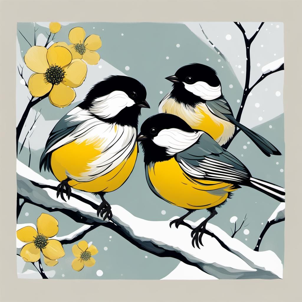 Chickadees Discovering Flower in Snow, Abstract Art