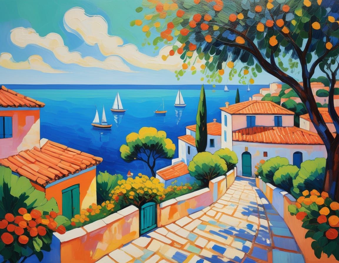 Impressionistic Coastal Village in Vibrant Colors