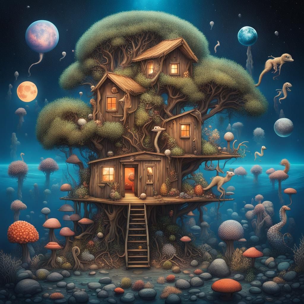 Surreal Treehouse with Fungus, Stars and Volcano