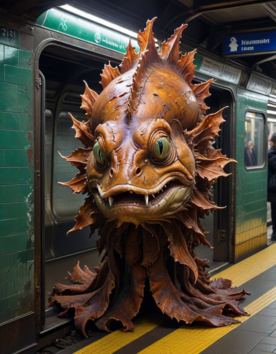 Impasto Surrealism Subway Scene with a Giant Rusty Monkfish