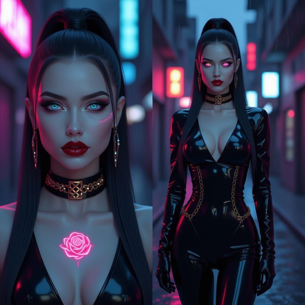 Cyberpunk Róża: Dual Portrait and Full Body Neon City