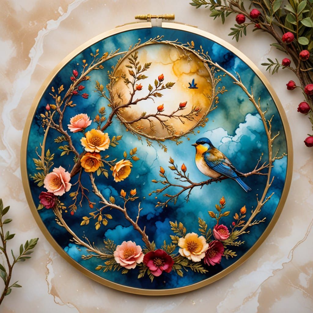 Alcohol Ink Art: Clouds, Flowers, and Bird in Gold Frame