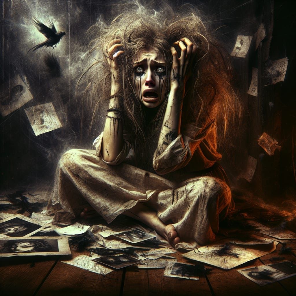 Distraught Woman with Angel and Demon in Symbolic Style