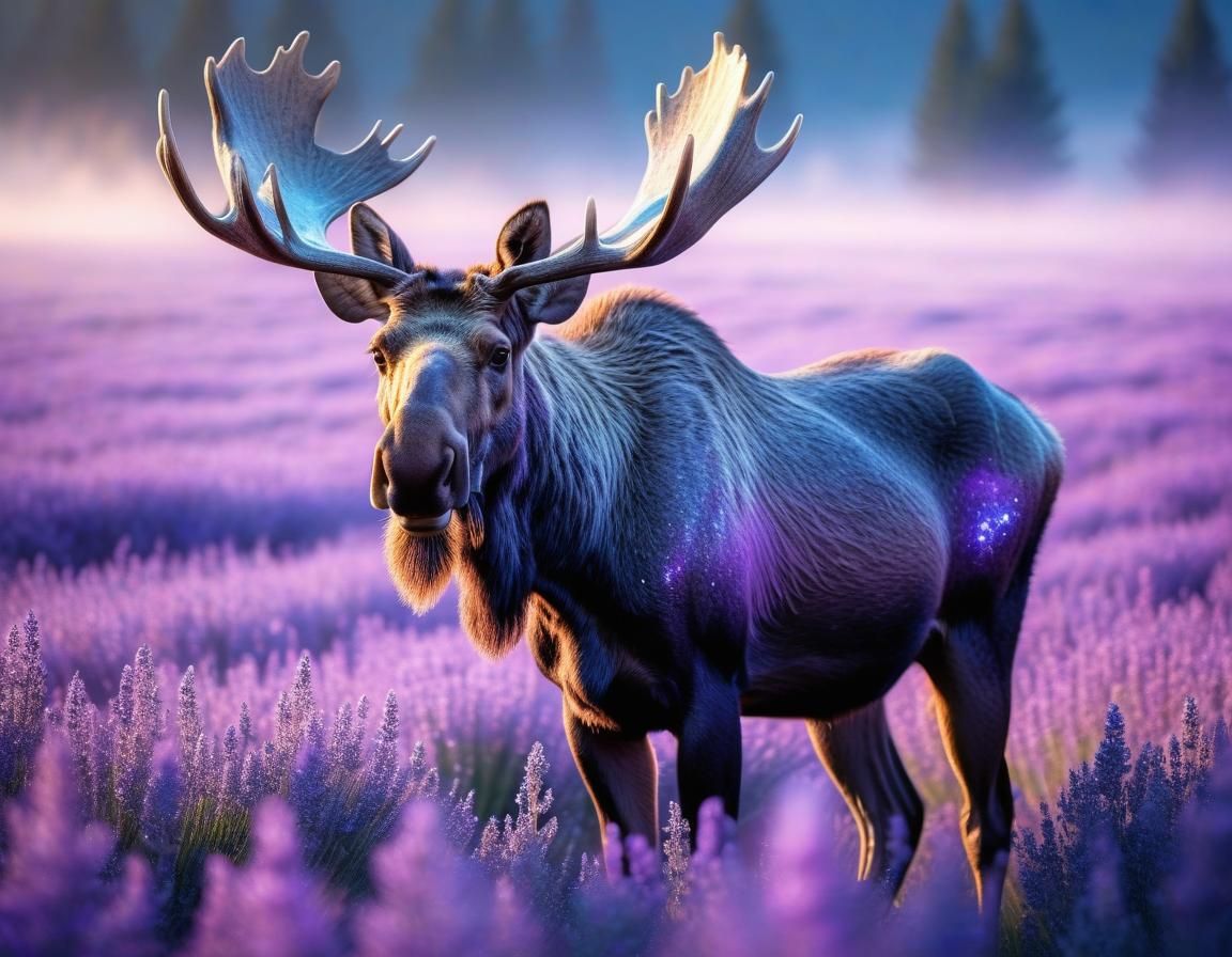 Glowing Moose in Lavender Field: Surreal Macro Photography