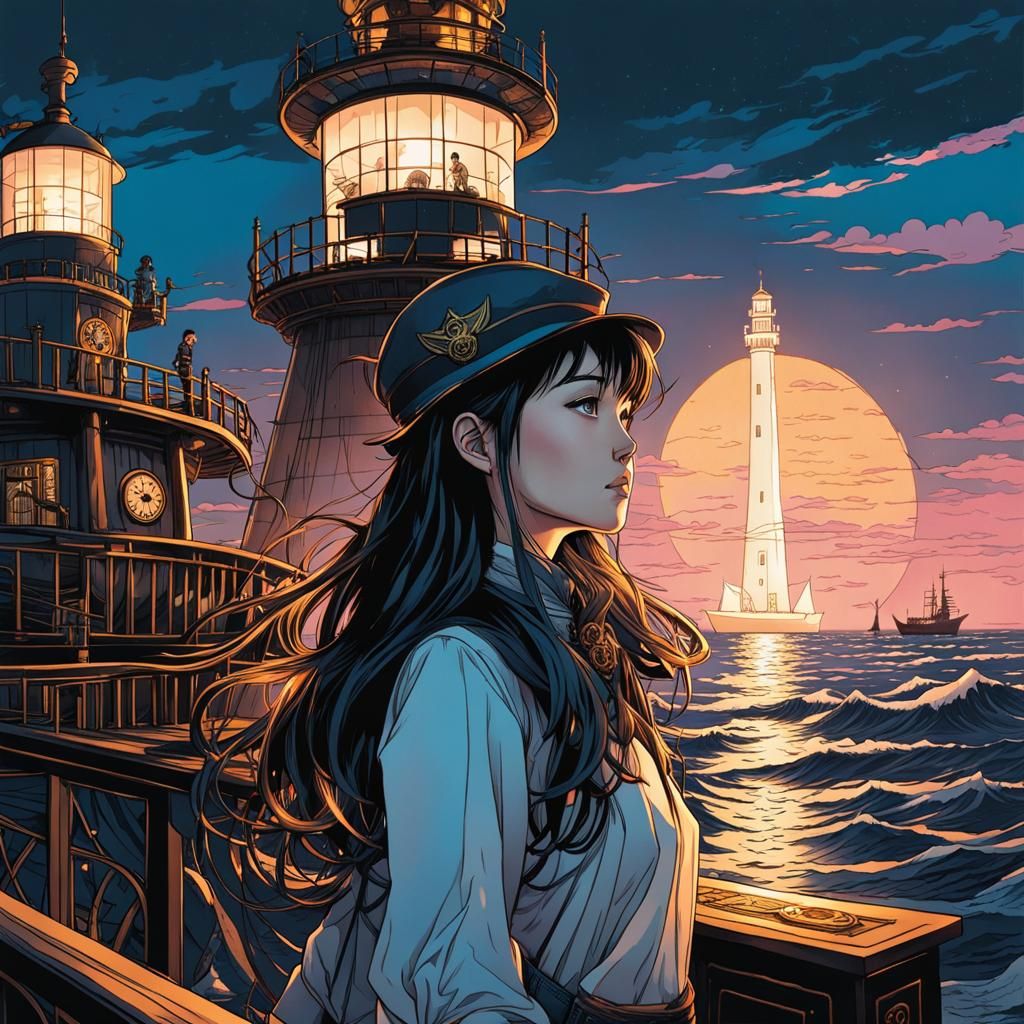 Ink Drawing - Sailor in a titanic desire for freedom - Anime Girl