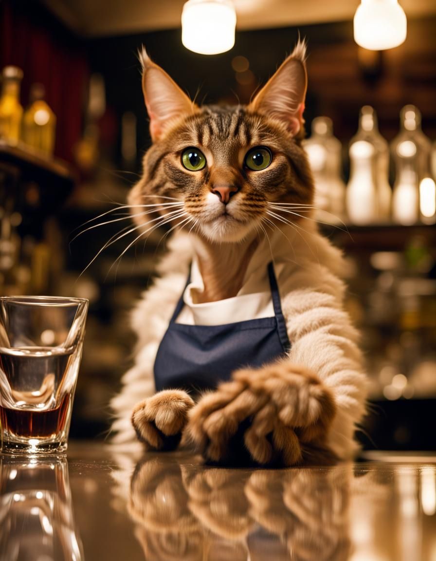 Feline Barmaid Reaches Out with Shot Glass