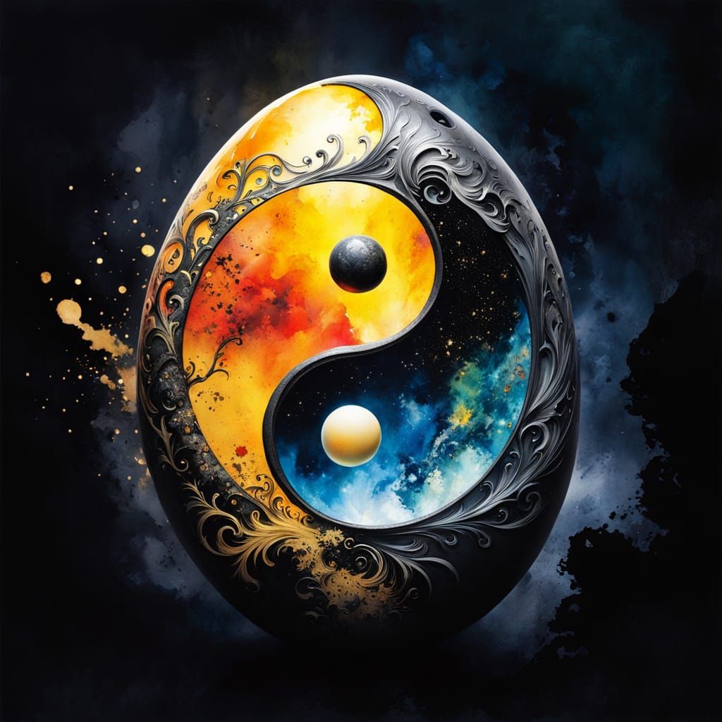 Ethereal Yin Yang Egg in Dreamy Watercolor Art