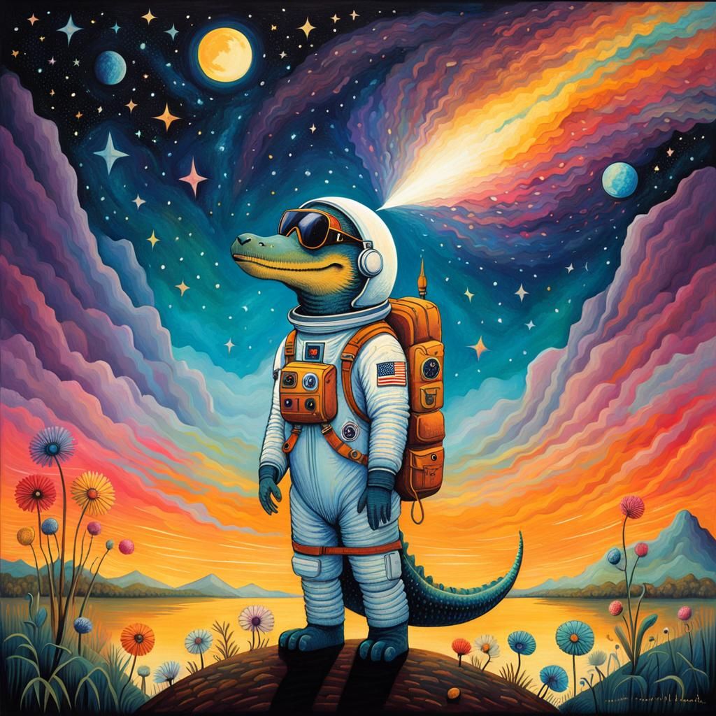 Astronaut Alligator in Space, Surreal Art